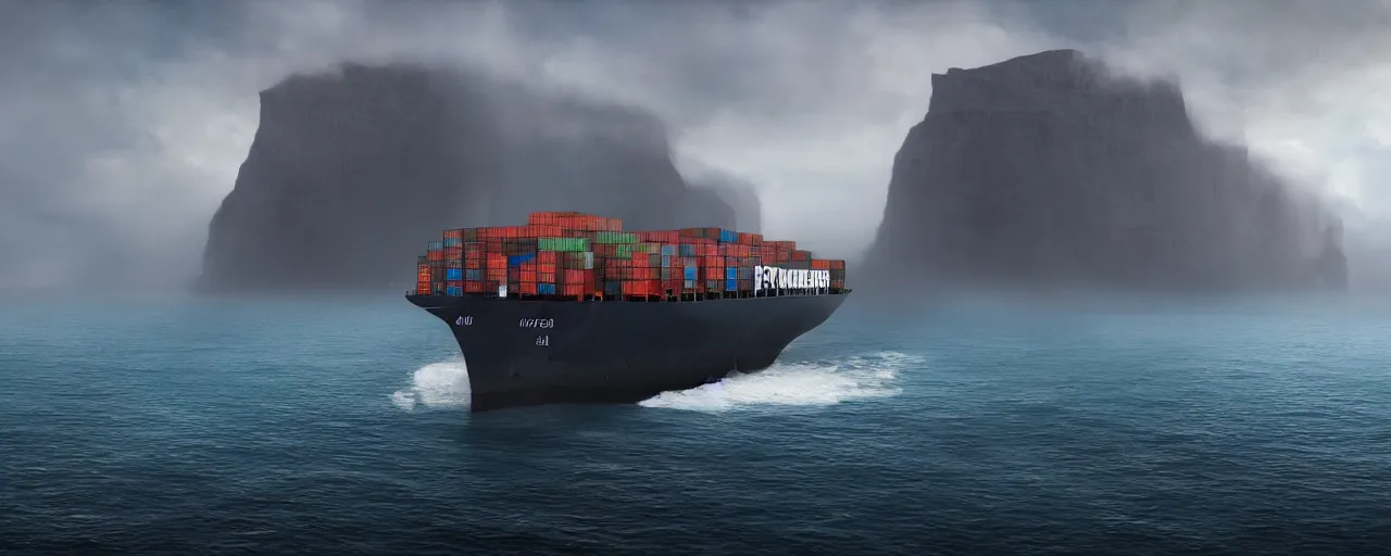 Image similar to paintifng of container ship containership colossus near misty black cliffs over steamy water, matte painting, detailed, amazing, 4k resolution