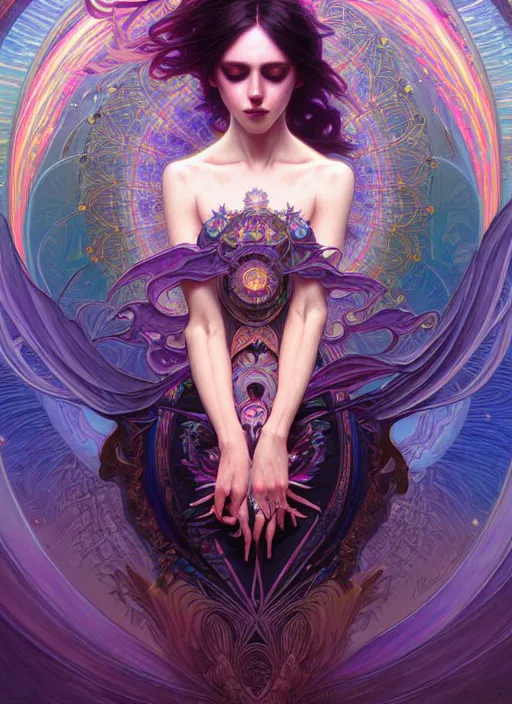 Prompt: hyper detailed ultra sharp of a beautiful mystical trance girl. trending on artstation, gothpunk aesthetic, psywave, colorful, psychedelic, ornate, intricate, digital painting, concept art, smooth, sharp focus, illustration, art by artgerm and greg rutkowski and alphonse mucha, 8 k