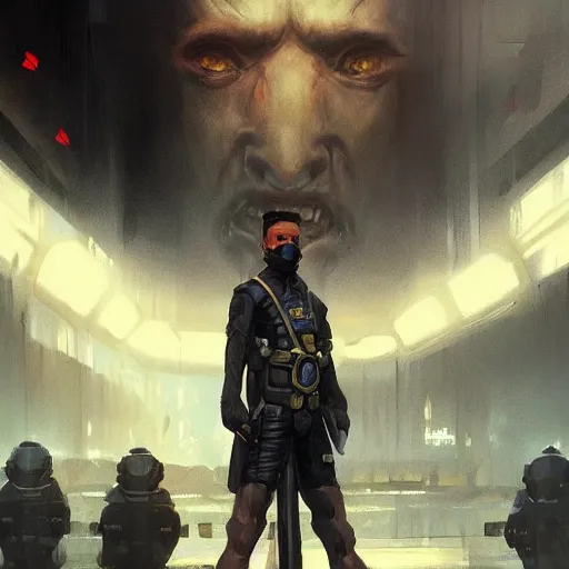 Image similar to pale, rubbery mutant with determined expression, sharp features, moist skin and wide black eyes wearing fascist Napoleonic Tang Dynasty police uniform standing on cyberpunk docks, science fiction concept art by Greg Rutkowski and Anato Finnstark