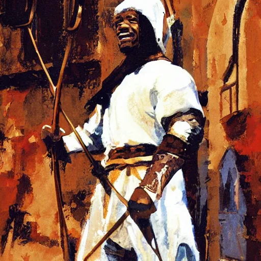 Image similar to portrait of black man wearing medieval clothes aiming a bow, detailed by greg manchess, craig mullins, bernie fuchs, walter everett