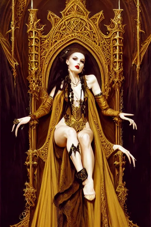 Image similar to perfectly centered portrait of beautiful vampire queen in gold gothic robe sitting on a throne of bones, elegant, ornate, detailed, symmetrical, painting by gaston bussiere, craig mullins, j. c. leyendecker, 8 k, mid shot