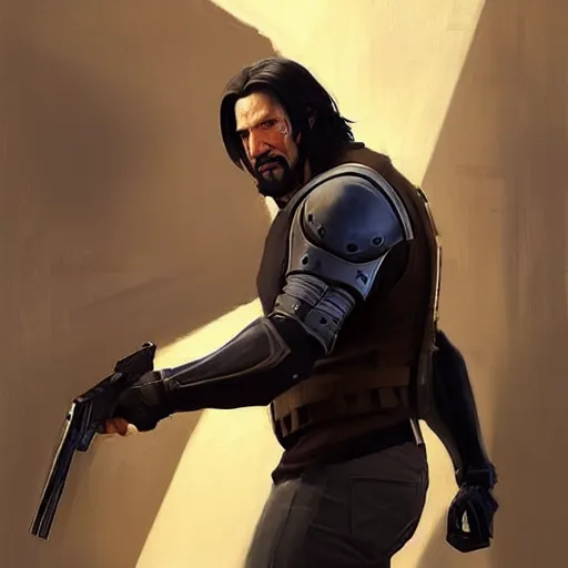 Prompt: greg manchess portrait painting of partially armored john wick as overwatch character, medium shot, asymmetrical, profile picture, organic painting, sunny day, matte painting, bold shapes, hard edges, street art, trending on artstation, by huang guangjian, gil elvgren, ruan jia, greg rutkowski, gaston bussiere