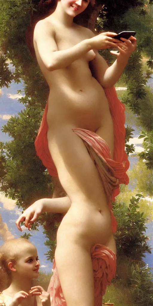 Prompt: Painting of Aphrodite smiling at a text she just received on her smartphone. Art by william adolphe bouguereau. During golden hour. Extremely detailed. Beautiful. 4K. Award winning