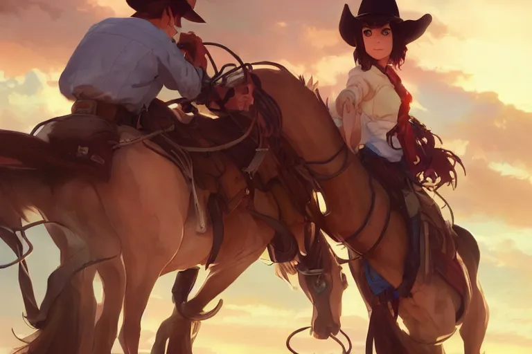 Image similar to cowgirl western girlfriend, scenic full shot, ambient lighting, detailed face, by makoto shinkai, stanley artgerm lau, wlop, rossdraws