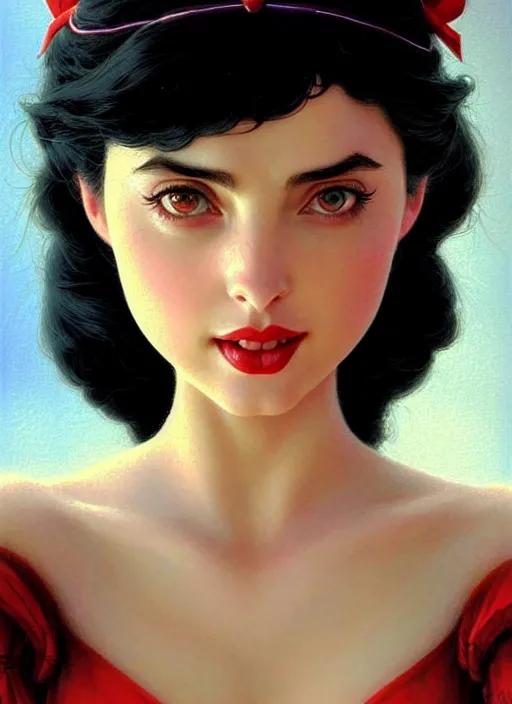 Image similar to disney snow white ( ( ana de armas ) ), dreamscape, sultry, cute, adorable, girl, masterpiece, intricate, elegant, highly detailed, my rendition, digital painting, artstation, concept art, smooth, sharp focus, illustration, art by greg rutkowski and uang guangjian and gil elvgren and sachin teng, symmetry!!