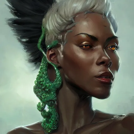 Prompt: A head-on detailed oil fantasy portrait of a beautiful black woman with pale green eyes and long white hair by greg rutkowski and artgerm, trending on artstation, dungeon and dragons art