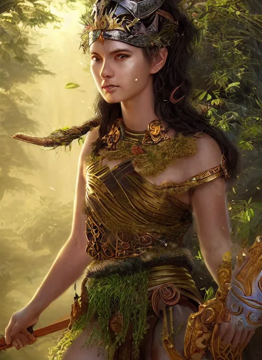 Image similar to Beautiful art portrait of a female fantasy godess warrior in a bright temple surrounded by lush forest, atmospheric lighting, intricate detail, cgsociety, hyperrealistic, octane render, RPG portrait, ambient light, dynamic lighting