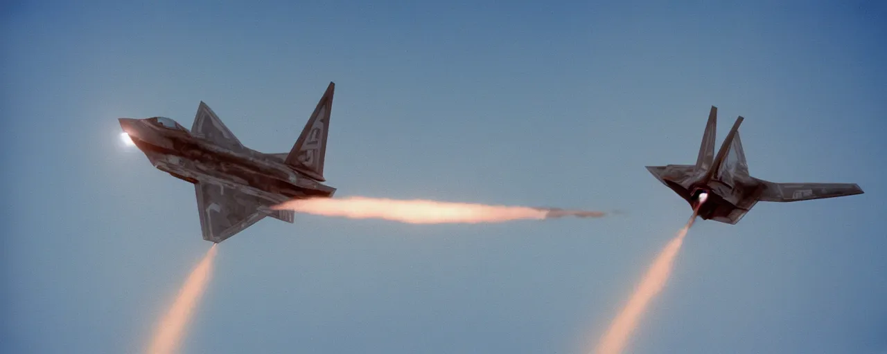 Image similar to an f - 2 2 plane firing spaghetti missiles, flying over the ocean, canon 5 0 mm, cinematic lighting, photography, retro, film, kodachrome