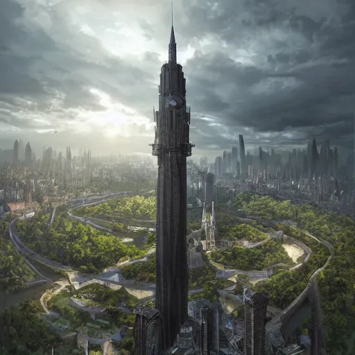 Image similar to an ultra detailed matte painting of the one impossibly tall ominous dark tower elevated high above the city, on an island in a river elevated high above the city fortress tower, fantasy capital city, ultrawide lense, aerial photography, volumetric lighting, exquisite detail, octane render, 8 k postprocessing, art by artgerm and greg rutkowski and alphonse mucha