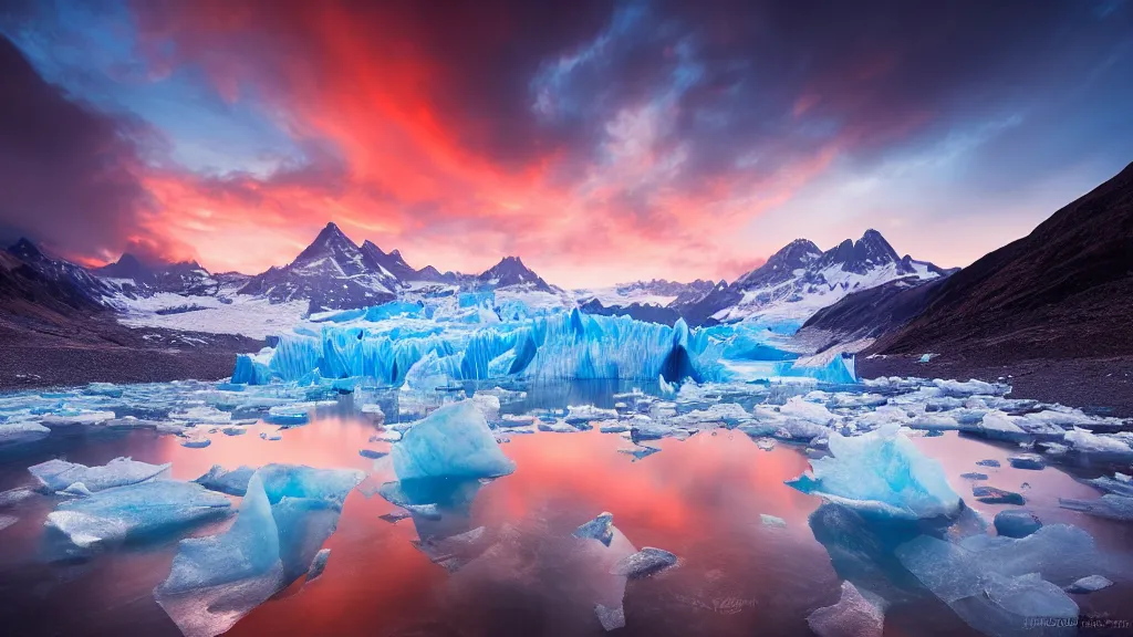 Image similar to amazing landscape photo of a glacier in sunset by marc adamus, beautiful dramatic lighting