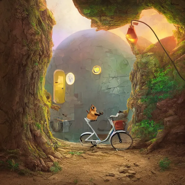 Image similar to A chipmunk riding a bike through a portal. Detailed digital matte painting in the style of simon stalenhag