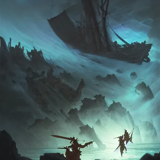 Image similar to D&D fantasy combat fighting blue specters on a shipwreck, intricate, elegant, highly detailed, D&D, digital painting, artstation, concept art, matte painting, sharp focus, illustration, extremely moody lighting, glowing light and shadow, atmospheric, shadowy, cinematic, in the style of Greg Rutkowski and artemisia gentileschi and Alphonse Mucha