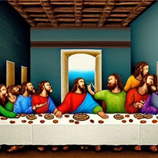 Image similar to the last supper with dinosaurs instead of humans