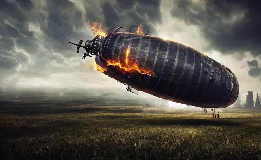 Prompt: an immense facebook branded steampunk airship heavily branded with huge facebook logo crashed and burning in a field, thick black smoke billowing, turbulent storm clouds, dystopian, sharp focus, octane render, imax