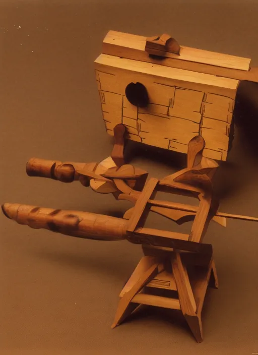 Image similar to realistic photo of a a wooden medieval astronomy appliance model equipment gadget made of wooden toy constructor 1 9 9 0, life magazine reportage photo, natural colors, metropolitan museum collection