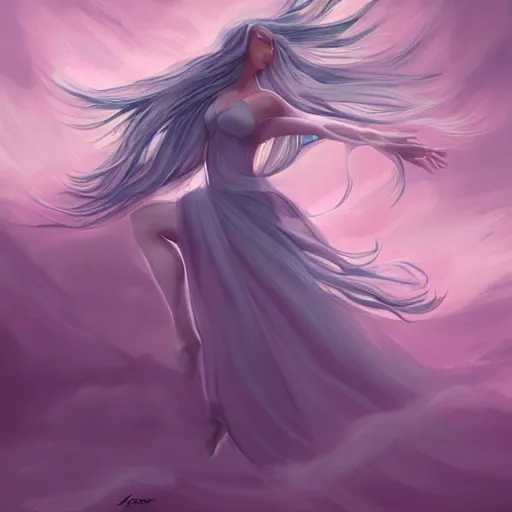 Image similar to digital painting, full body portrait, dynamic poses, anime face, joyful, epic, flowing dress, smooth, enigmatic, woman, pink and grey clouds, glowing flowing hair, by lois van baarle, by loish, trending on artstatio