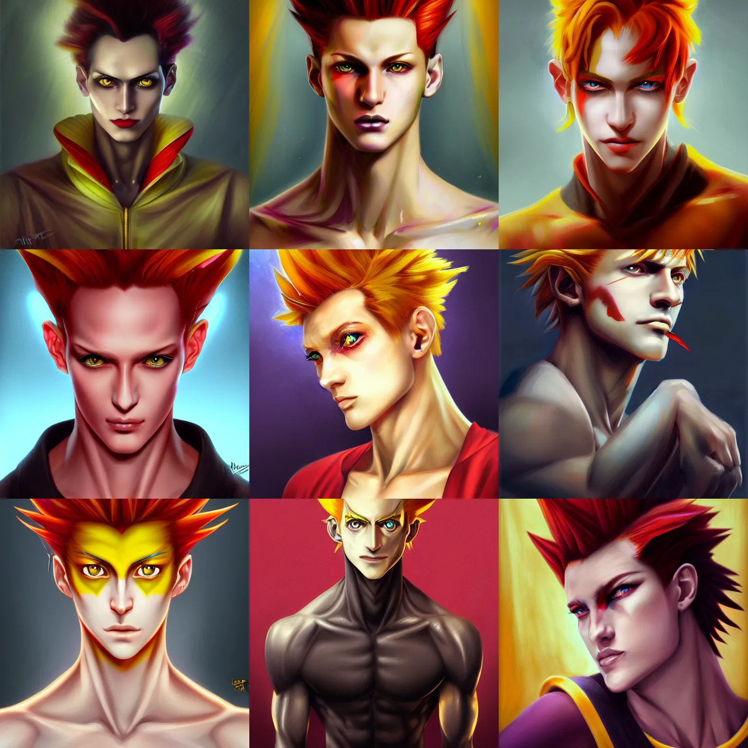 Prompt: portrait of hisoka morow hunter hunter madonna inspired, 2 0 years old, male, very very sharp jaw yellow eyes very very narrow yellow iris red red red hair soft hair slicked back crimson medium length hair, anime highly detailed, digital painting, artstation sharp focus, illustration, art by artgerm and greg rutkowski