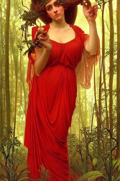 Prompt: portrait of a realistic ethereal woman with big eyes and a glowing face, wearing a red dress in the forest at night, in the style of john william godward and alphonse mucha, intricate details, colorful, high detail, 8 k, art nouveau, face symmetry, masterpiece, sharp focus