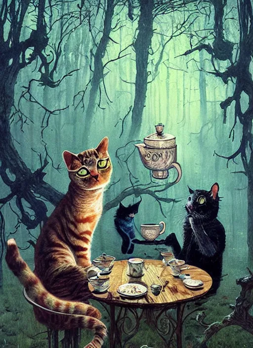 Prompt: cat having tea with a witch at a shrine in the woods gorgeous lighting, lush forest foliage blue sky a hyper realistic painting by chiara bautista and beksinski and norman rockwell and greg rutkowski weta studio, and lucasfilm