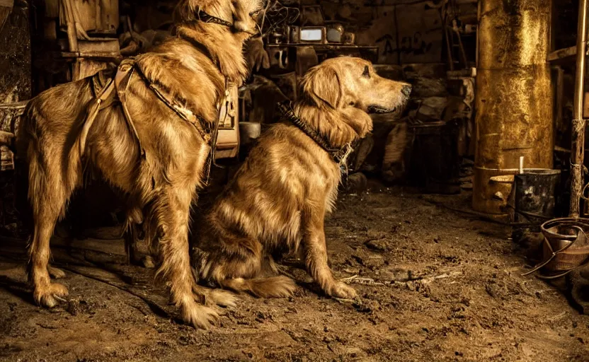Image similar to a dirty golden retriever in a dimly lit gold mine with large piles of gold nuggets and wearing a black western hat and jacket, dim moody lighting, wooden supports and wall torches and pick axes, cinematic style photograph