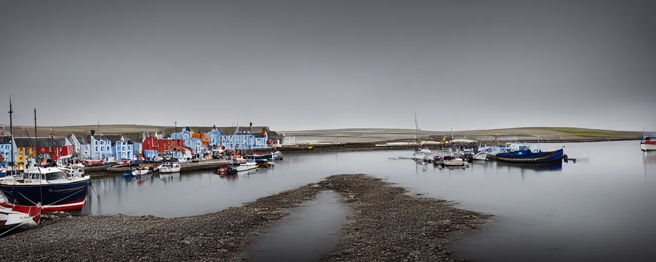Prompt: a color landscape photograph of the harbour at Stromness orkney, by Vanda Ralevska, wide angle, ethereal, fog, quiet, tranquil, light, high-key