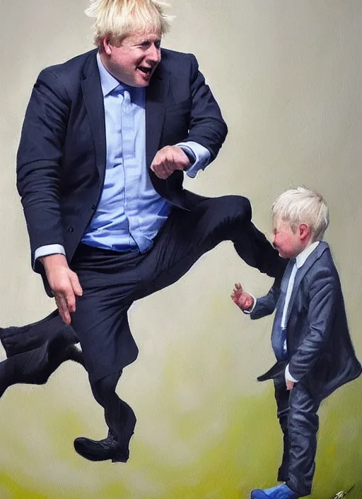 Image similar to Photorealistic painting of Boris Johnson kicking a child version of rishi sunak