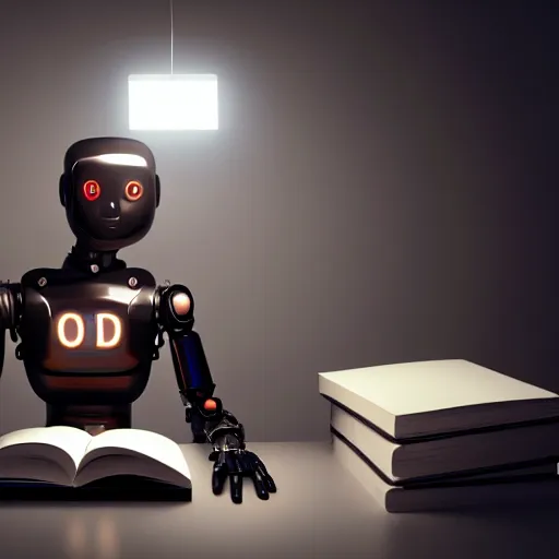 Image similar to futuristic lonely humanoid robot with huge comically sad OLED eyes and open rectangular mouth sits facing left reading a hardbound leather book on a comfortable midcentury chair. Cinematic Lighting, Cinematic Movie Photograph, Arri Alexa, Extremely Detailed, smooth, very very clean, simple, 8K, octane render, maya render, unreal engine, trending on artstation, DSLR