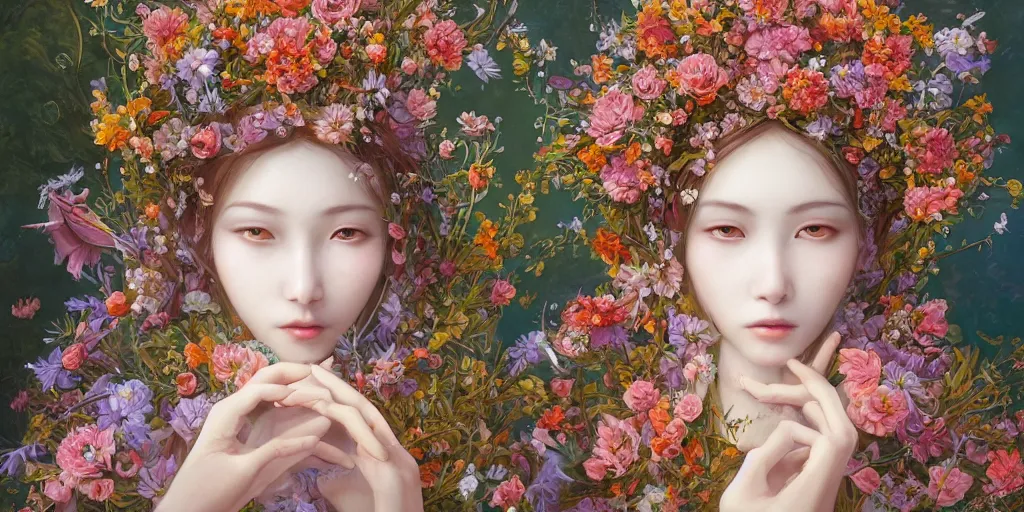 Prompt: breathtaking detailed concept art painting of the queen of flowers, orthodox saint, with anxious, piercing eyes, ornate background, amalgamation of leaves and flowers, by Hsiao-Ron Cheng, James jean, Miho Hirano, Hayao Miyazaki, extremely moody lighting, 8K