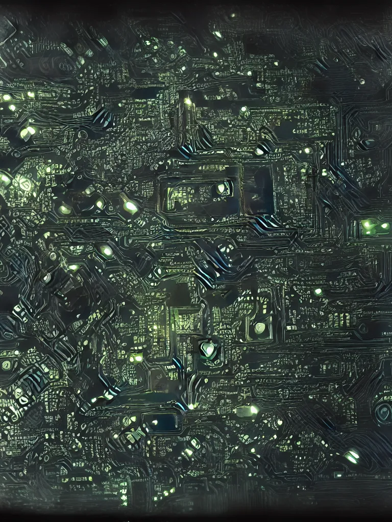 Image similar to big technology, intricate circuit board, cpu, bios chip, led, lcd display, integrated circuits, cmos, capacitors, intricate concept art matte painting, cyberspace, nature grotesque dark