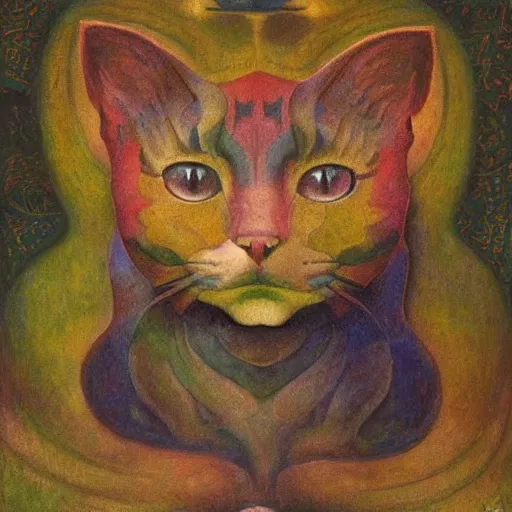 Image similar to cloisonne cat head, by annie swynnerton and diego rivera and nicholas roerich and jean delville, symbolist, dramatic lighting, god rays, art brut, rich colors, smooth, sharp focus, extremely detailed, adolf wolfli and ( donato giancola and bilibin )