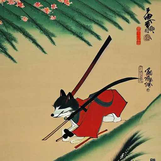 Image similar to samurai fox with a katana. sakura forest in the background. old japanese painting. fresco