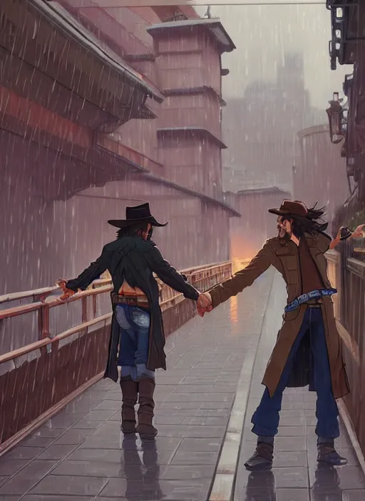 Image similar to mccree kissing hanzo on a bridge in the rain, path traced, highly detailed, high quality, digital painting, by studio ghibli and alphonse mucha, leesha hannigan, makoto shinkai, disney