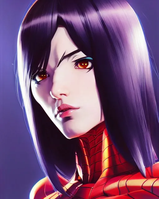 Image similar to portrait Anime Spider-woman character sharp fine-face, pretty face, realistic shaded Perfect face, fine details. Anime. Marvel realistic shaded lighting by Ilya Kuvshinov krenz cushart katsuhiro otomo ghost-in-the-shell, magali villeneuve, artgerm, rutkowski Jeremy Lipkin and Giuseppe Dangelico Pino and Michael Garmash and Rob Rey