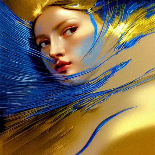 Prompt: a chrome woman's face in flowing sheets of cobalt blue gold chrome silver satin foil, by moebius syd mead roger dean wojciech siudmak donato giancola yoshitaka amano ivan aivazovsky jan de heem pieter claesz paul delaroche alma tadema aelbert cuyp, hyperrealistic volumetric light render