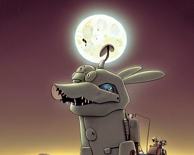 Prompt: a cell shaded cartoon grey lovecraftian mechanized kangaroo from howl's moving castle ( 2 0 0 4 ), with a big head, on a desert road, wide shot, in front of a big moon, muted colors, post grunge, josan gonzales, wlop, by james jean, victor ngai, hq, deviantart, art by artgem