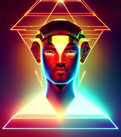 Image similar to symmetry!! egyptian god of technology, solid cube of light, hard edges, product render retro - futuristic poster scifi, lasers and neon circuits, brown skin handsome egyptian god, intricate, elegant, highly detailed, digital painting, artstation, concept art, smooth, sharp focus, illustration, dreamlike, art by artgerm