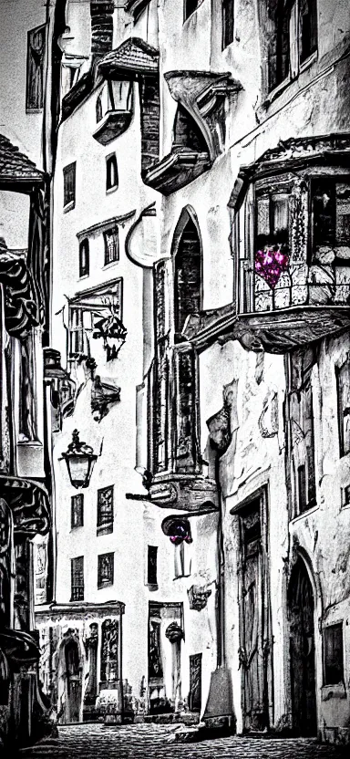 Image similar to “ white and purple medieval city, award winning, digital art ”