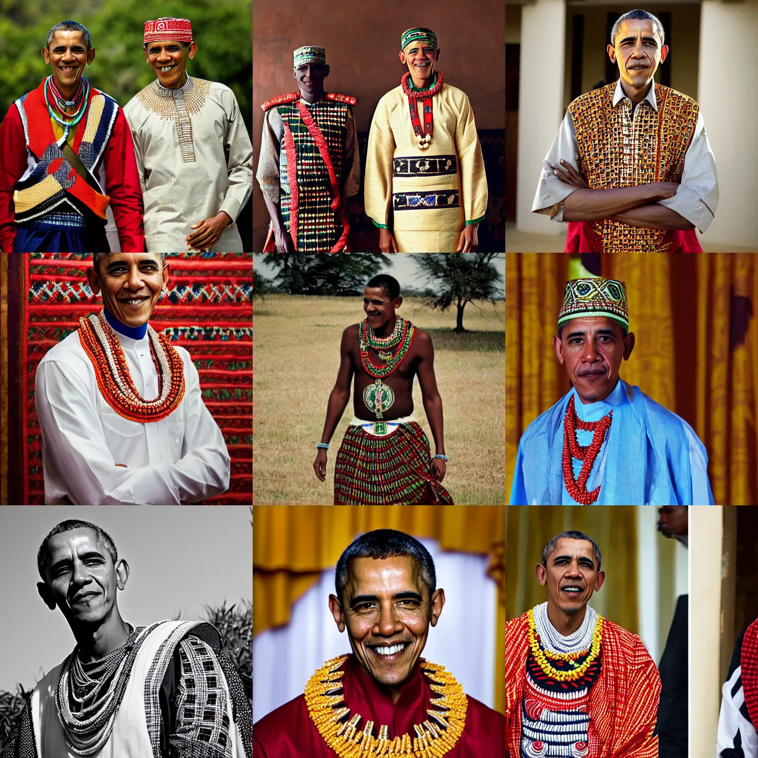 Prompt: photo of barack obama, kenyan prince wearing traditional clothing, photo by national geographic