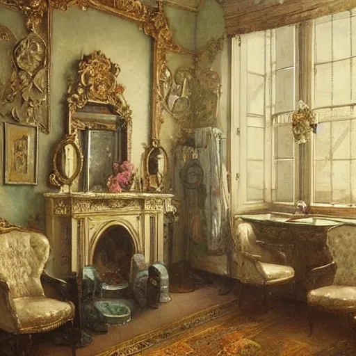Image similar to a beautifull intricate watercolour painting of a victorian room with mirror, reflexions, verry high details by william turner art, greg rutkowski and alphonse mucha, trending on artstation, very very detailed, masterpiece, - h 7 0 4