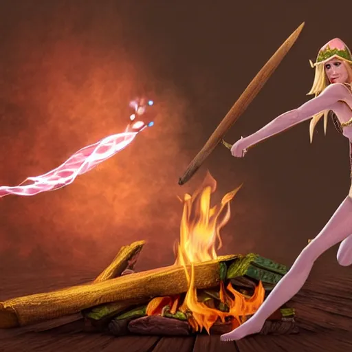 Image similar to a realistic illustration of a top half of a body of a female elf casting a fire spell