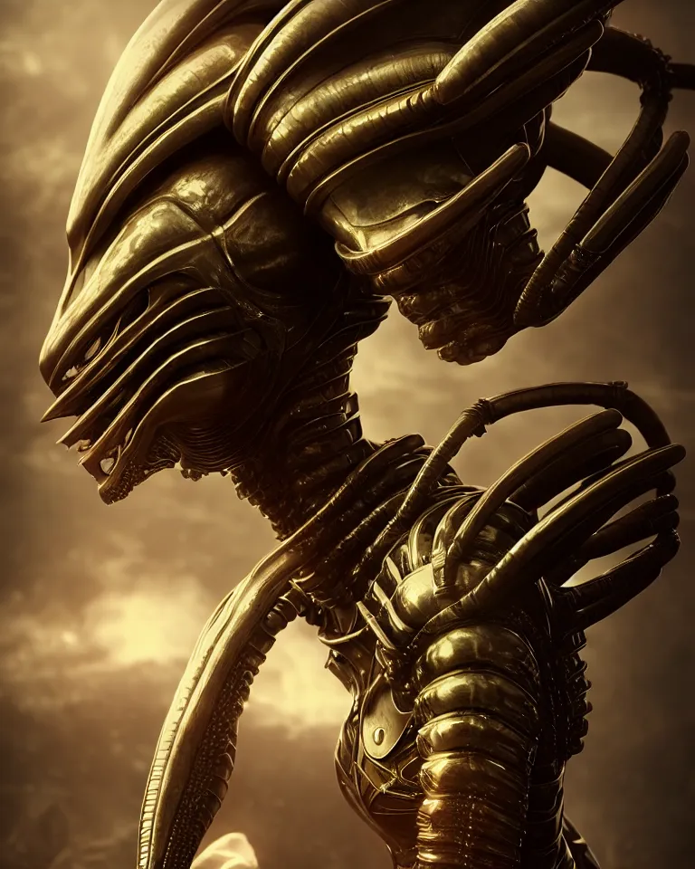 Prompt: epic portrait of alien queen in ring armour by cleavanger and elvgren epic octane vfx maya render