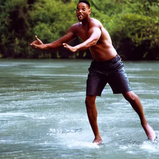 Image similar to will smith skipping over a river