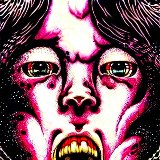 Image similar to closeup of face melting and tongues, by yoichi hatakenaka, masamune shirow, josan gonzales and dan mumford, ayami kojima, takato yamamoto, karol bak