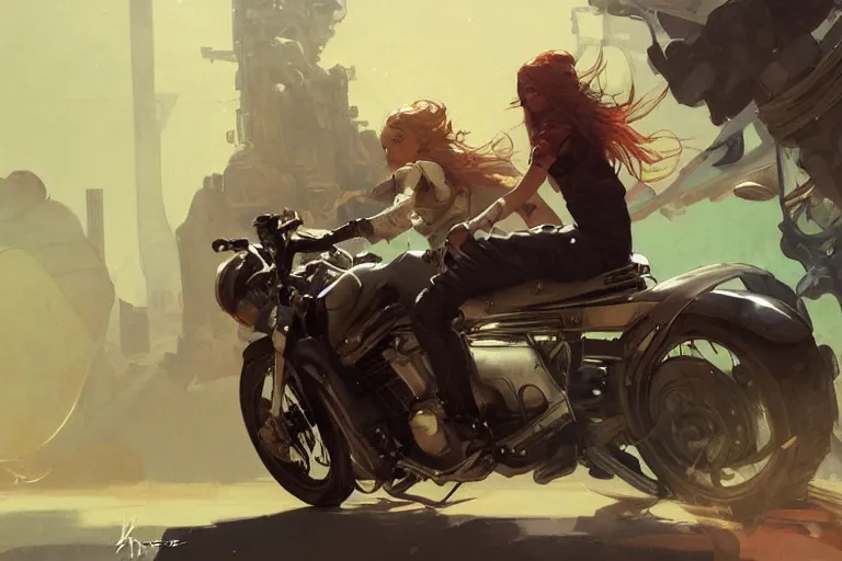 Prompt: a girl is riding a motorbike, digital painting, artstation, the space background,concept art, sharp focus, illustration, art by Krenz Cushart and Artem Demura and alphonse mucha