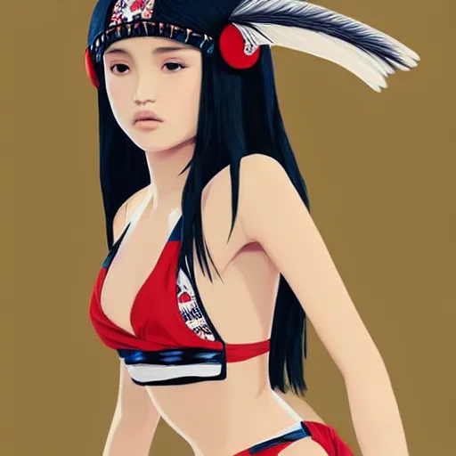 Image similar to a beautiful young japanese natalie portman alluring gravure model, stylized concept art, wearing elegant designer bomber jacket and one piece bikini, bomber jacket with mesoamerican patterns, mesoamerican native street fashion, princess mononoke, painted by ilya kuvshinov aesthetic, gorgeous, stunning, alluring, attractive, artstation, pinterest, digital art