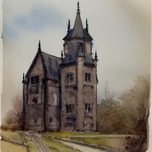 Image similar to ((((((((((((watercolor sketch)))))))))))) of a (((((((watercolor sketch of Gothic revival castle gatehouse))))))) . muted colors. by Jean-Baptiste Monge !!!!!!!!!!!!!!!!!!!!!!!!!!!!!!!!!!!!!!!!