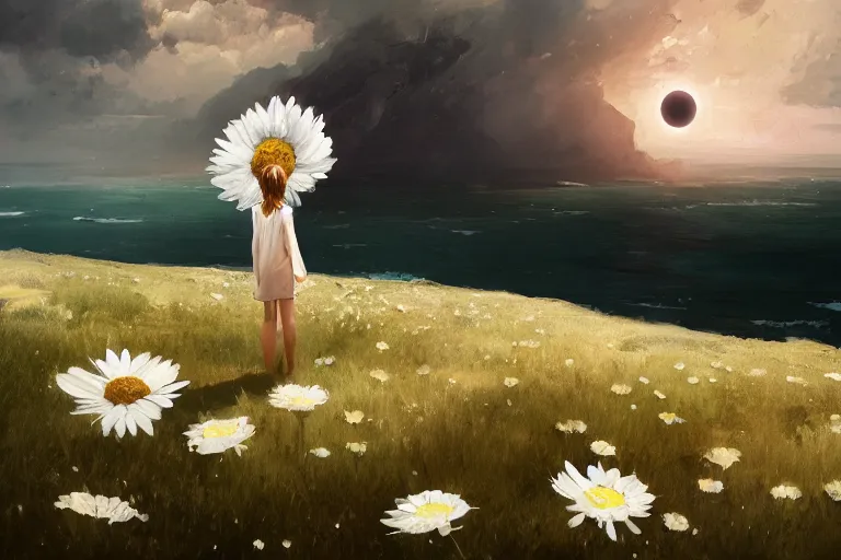 Prompt: giant white daisy flower as a head, girl standing on cliff, surreal photography, solar eclipse, stars, dramatic light, impressionist painting, clouds, digital painting, artstation, james gilleard, liam wong, jeremy mann, simon stalenhag