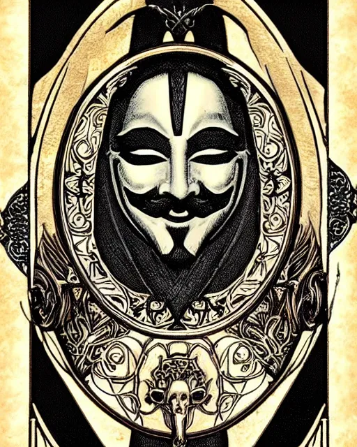 Prompt: anonymous guy fawkes mask tarot card, art nouveau style, ornate borders, intricate details, trending on artstation