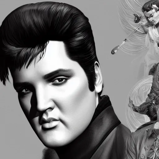 Prompt: elvis presley, intricate, highly detailed, digital painting, artstation, concept art, smooth, sharp focus, illustration, unreal engine 5, 8 k, art by artgerm and greg rutkowski and alphonse mucha