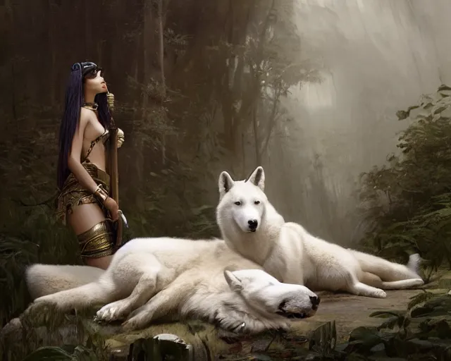 Image similar to 5 5 mm portrait photo of sensual cleopatra with her pet white wolves. magical atmosphere. art by greg rutkowski. highly detailed 8 k. intricate. lifelike. soft light. ilya kuvshinov and jeremy lipking and quentin mabille, light novel cover art, 3 d epic illustrations, symmetric body,